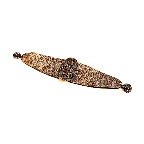Bronze Dyed Leather Cuff w/ Filigree Insert Medallion - Picture 2 of 5
